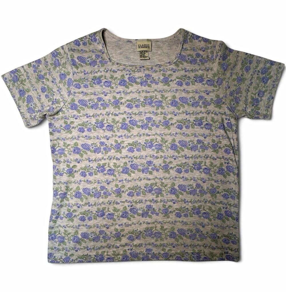 Classic Elements Womens M Gray Purple Floral Knit Short Sleeve Round Neck Tee